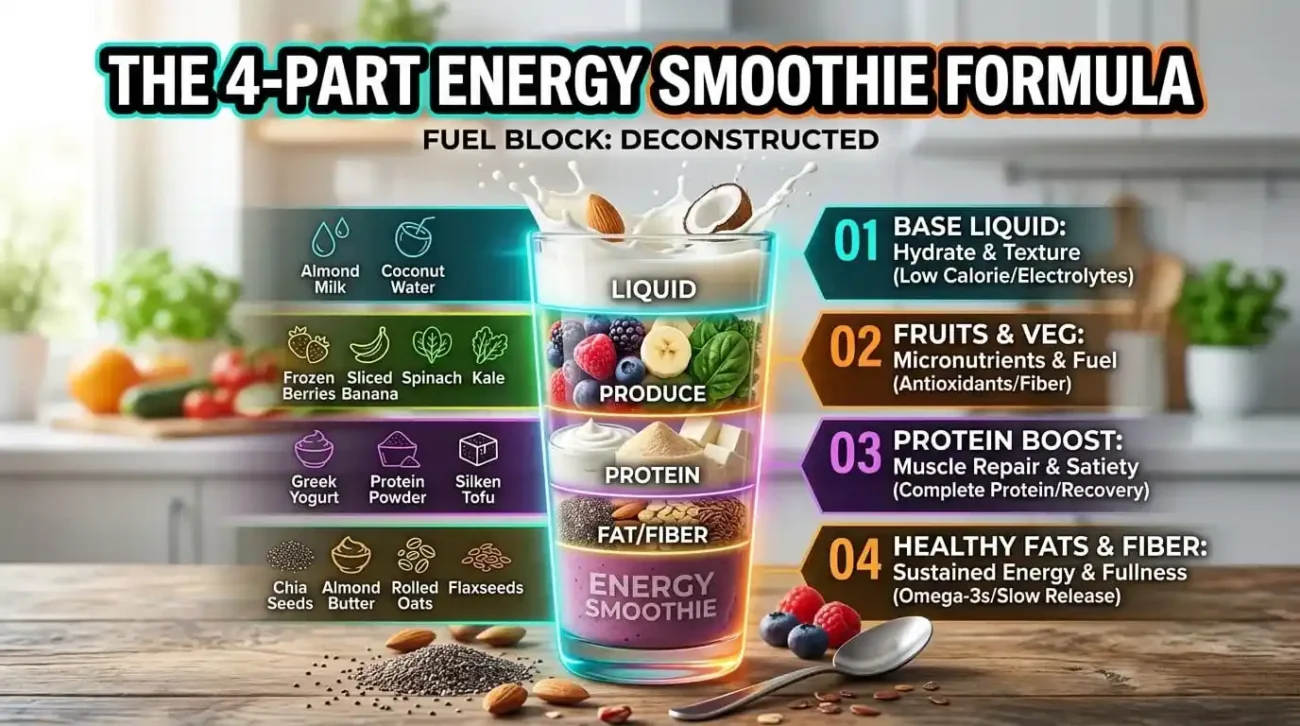 An infographic diagram explaining the 4-part energy smoothie formula featuring bases, proteins, carbs, and fats next to a BlendCupDaily blender.