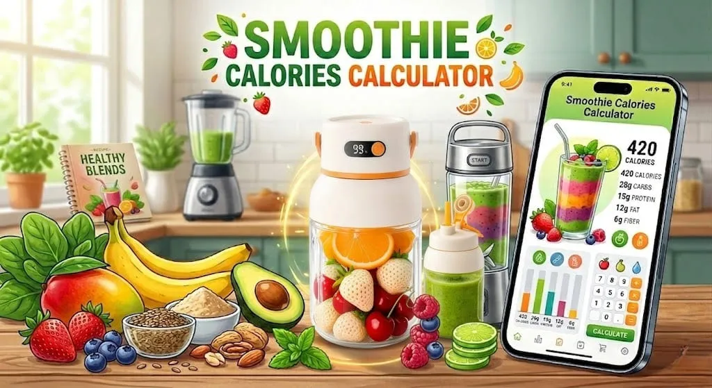 Smoothie calories calculator interface showing ingredient-based nutrition tracking and calorie estimation for healthy drinks