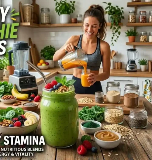 Nine healthy energy smoothie recipes displayed next to a BlendCupDaily portable blender on a kitchen counter.