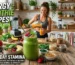 Nine healthy energy smoothie recipes displayed next to a BlendCupDaily portable blender on a kitchen counter.