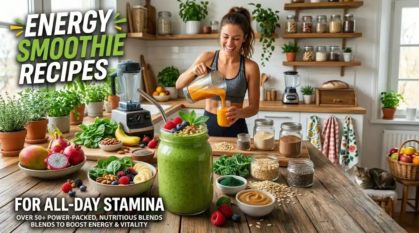 Nine healthy energy smoothie recipes displayed next to a BlendCupDaily portable blender on a kitchen counter.