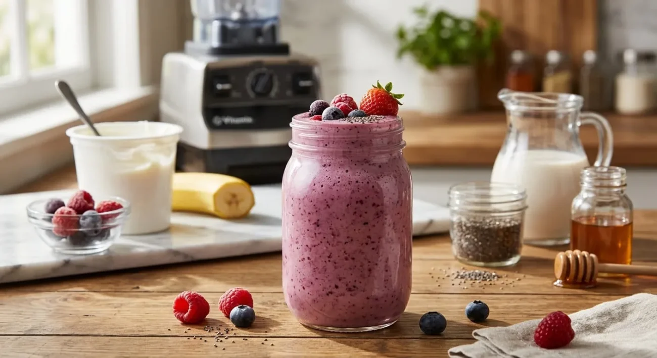 Classic berry greek yogurt smoothie with strawberries blueberries banana and chia seeds