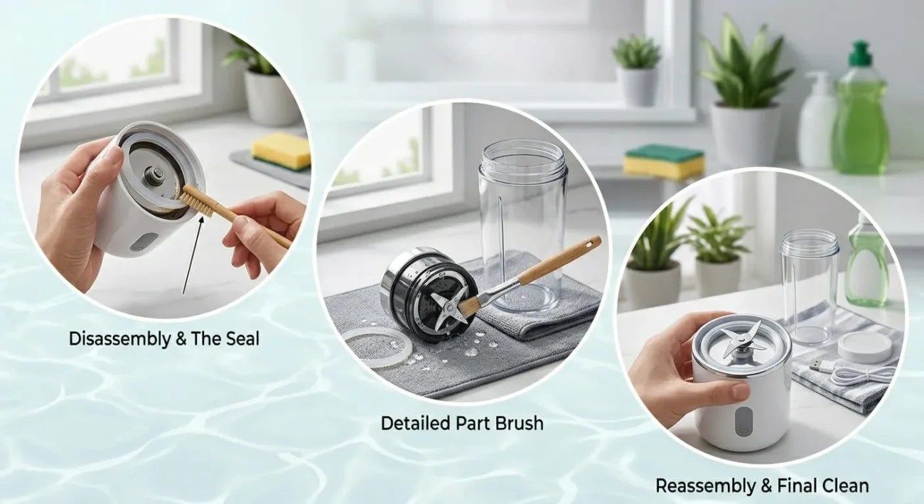 Disassembly cleaning steps for How to Clean a Portable Blender with seal ring and blade cleaning guide