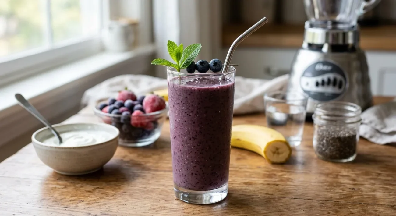 Low-sugar berry chia greek yogurt smoothie with blueberries strawberries and chia seeds