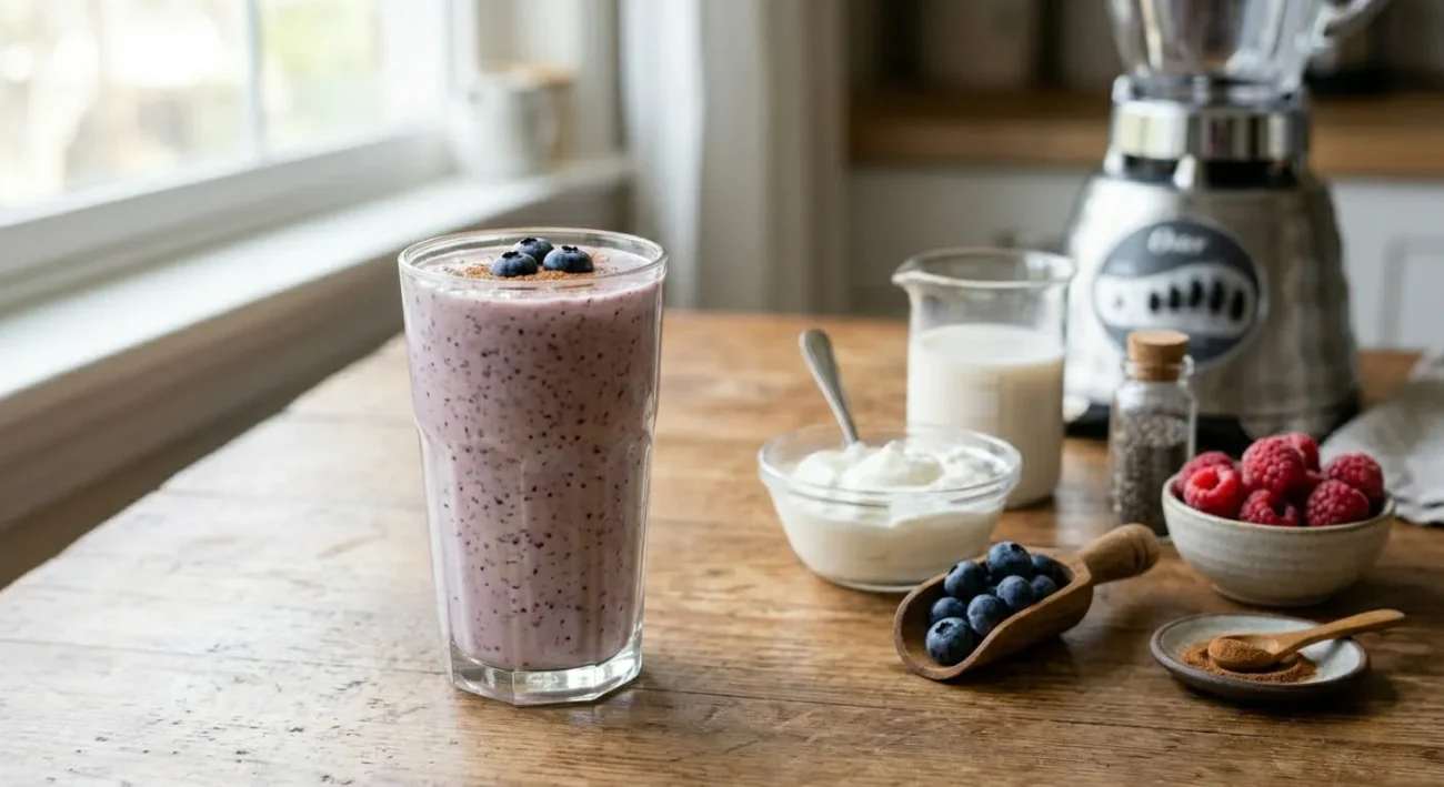 Low sugar greek yogurt smoothie for blood sugar management with blueberries raspberries chia seeds and yogurt