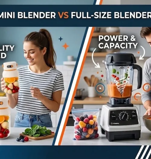 Mini blender vs full-size blender comparison showing real-life use cases for smoothies, ice crushing, and daily kitchen performance