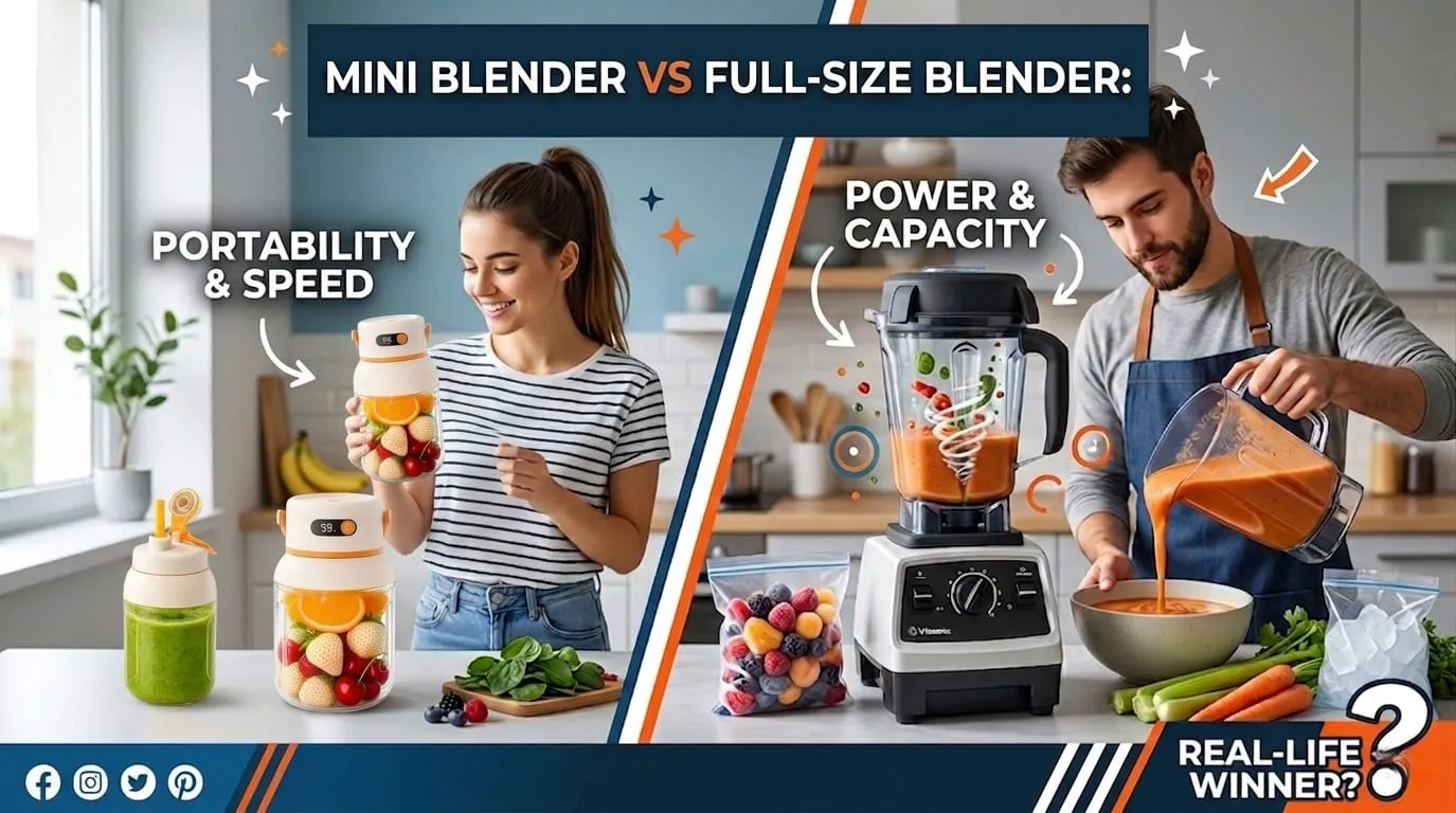 Mini blender vs full-size blender comparison showing real-life use cases for smoothies, ice crushing, and daily kitchen performance