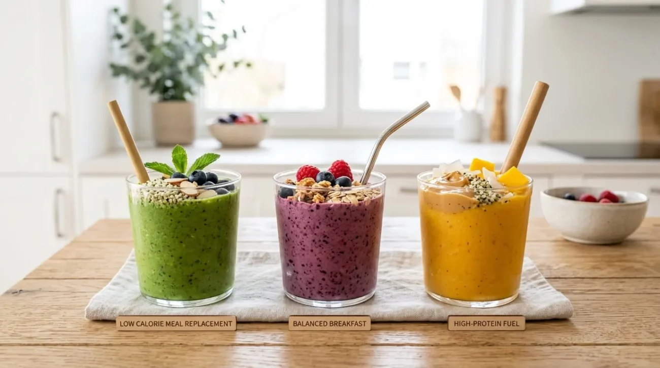 Smoothie calories for different goals including breakfast, meal replacement, and high-protein smoothies with calorie targets and nutrition breakdown
