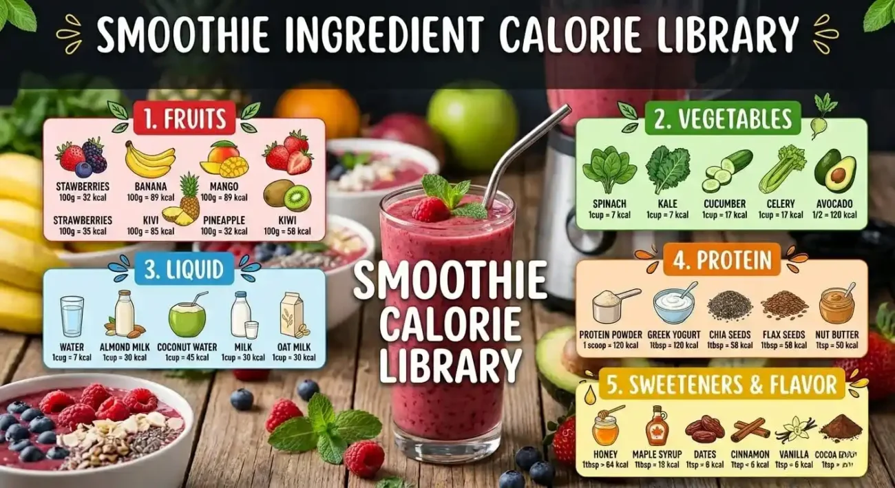 Smoothie calories ingredient library displaying nutrition and calorie information for fruits, vegetables, liquids, and protein ingredients used in smoothies