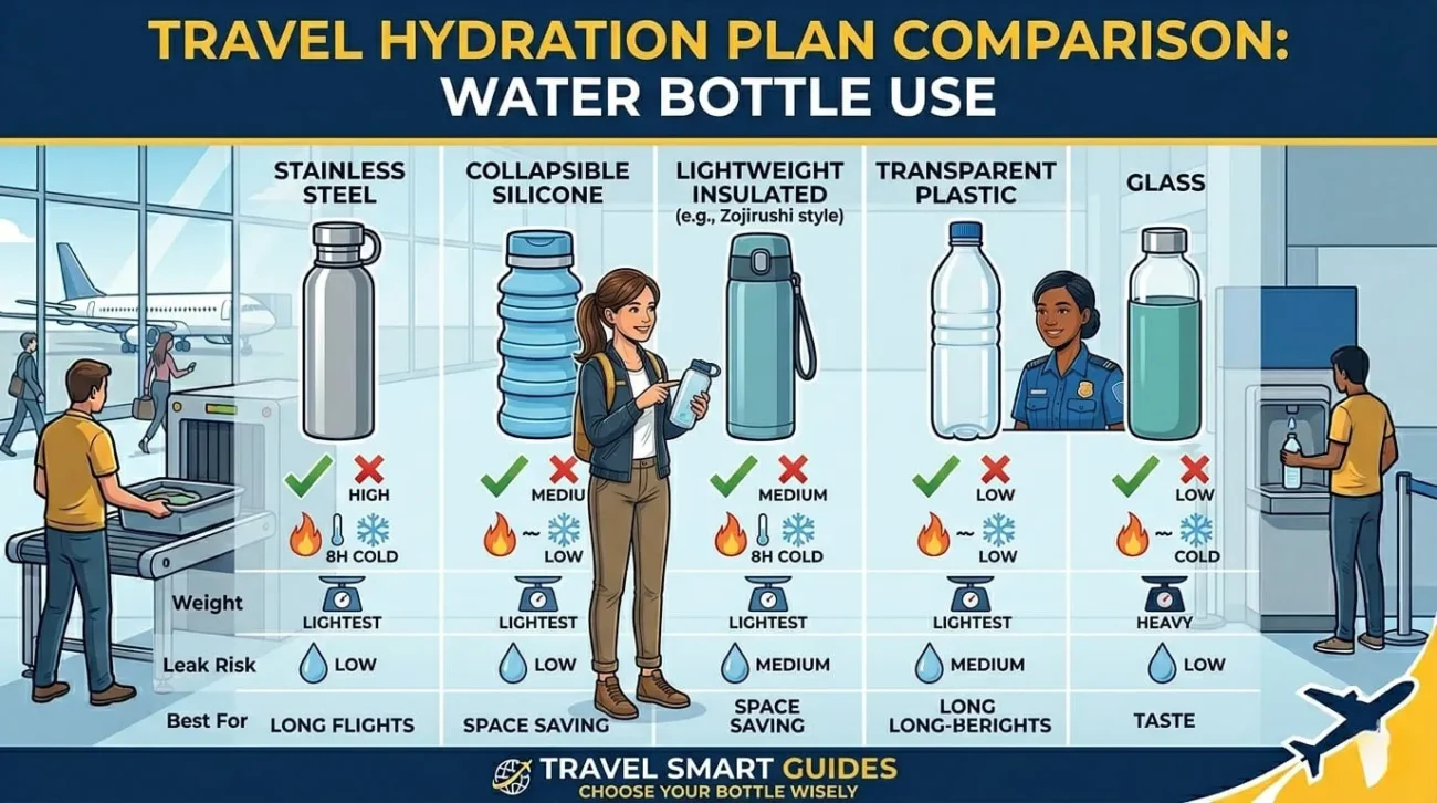 Comparison of travel water bottle types for airport hydration and TSA-friendly air travel use