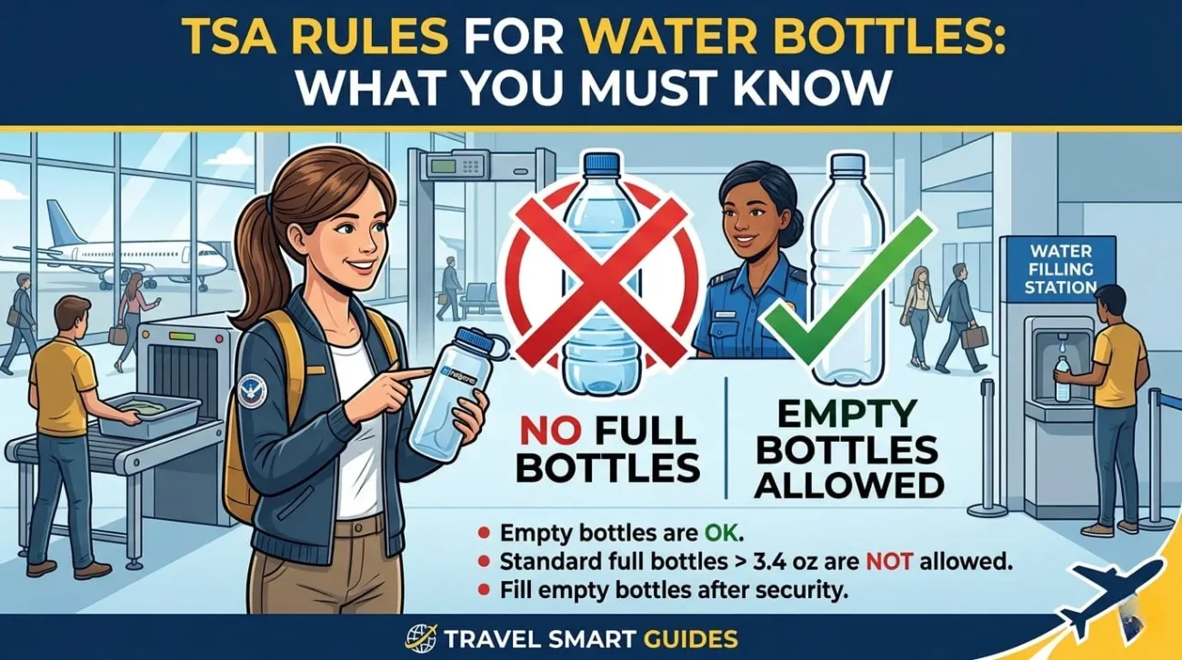 Traveler carrying an empty water bottle through TSA airport security before boarding a flight
