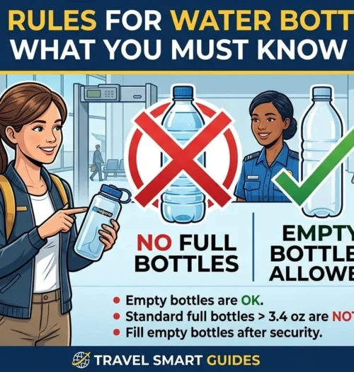 Traveler carrying an empty water bottle through TSA airport security before boarding a flight